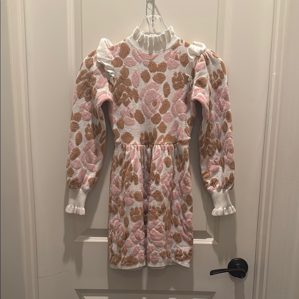 Girls Pink & Tan Floral Knit Dress with Ruffle Collar